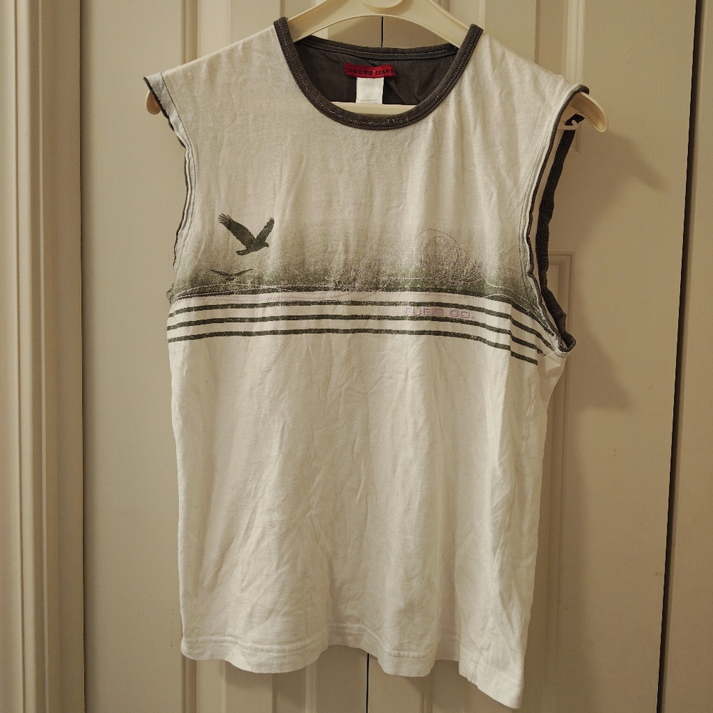 90's Guess White & Green Bird & Stripes Graphic Tank Top